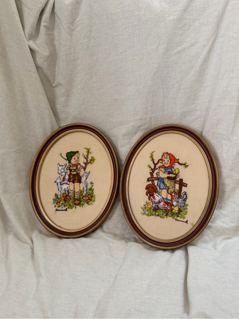 Hand-embroidered Vintage Style Nursery Wall Plaques in Brown Frame - Set of 2